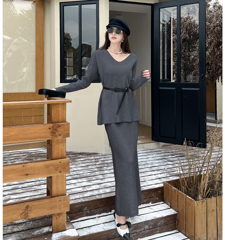 Fashion loose V-neck sweater lazy knitted tops 2pcs set