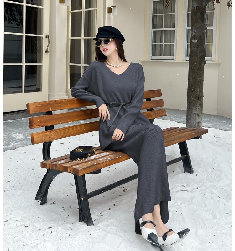 Fashion loose V-neck sweater lazy knitted tops 2pcs set