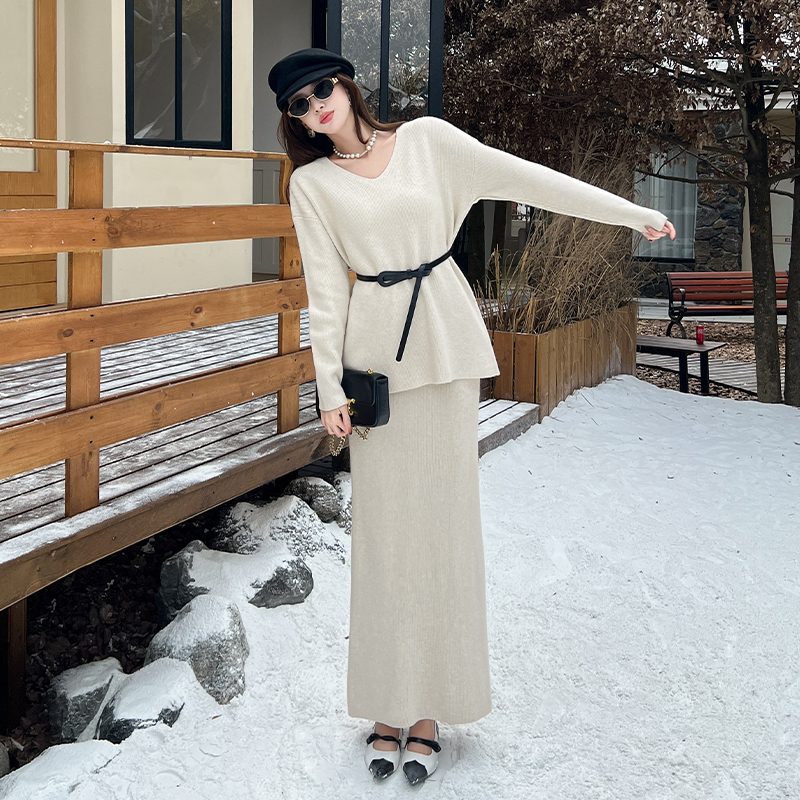 Fashion loose V-neck sweater lazy knitted tops 2pcs set