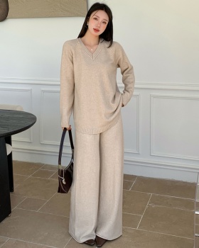 V-neck wide leg pants fashion sweater 2pcs set for women