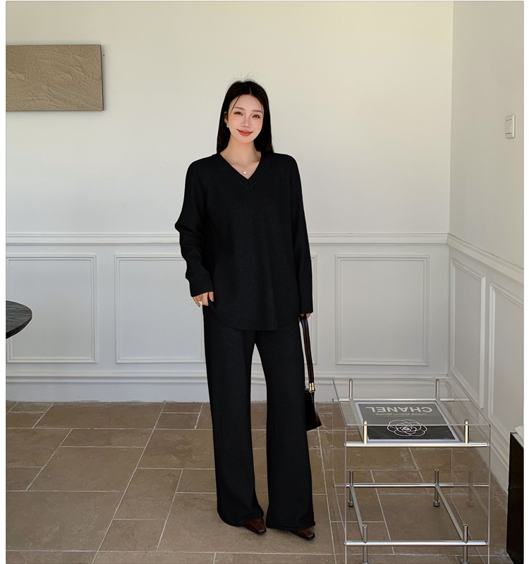 V-neck wide leg pants fashion sweater 2pcs set for women