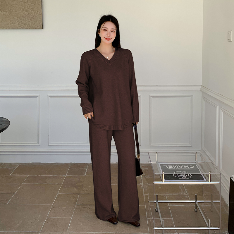 V-neck wide leg pants fashion sweater 2pcs set for women