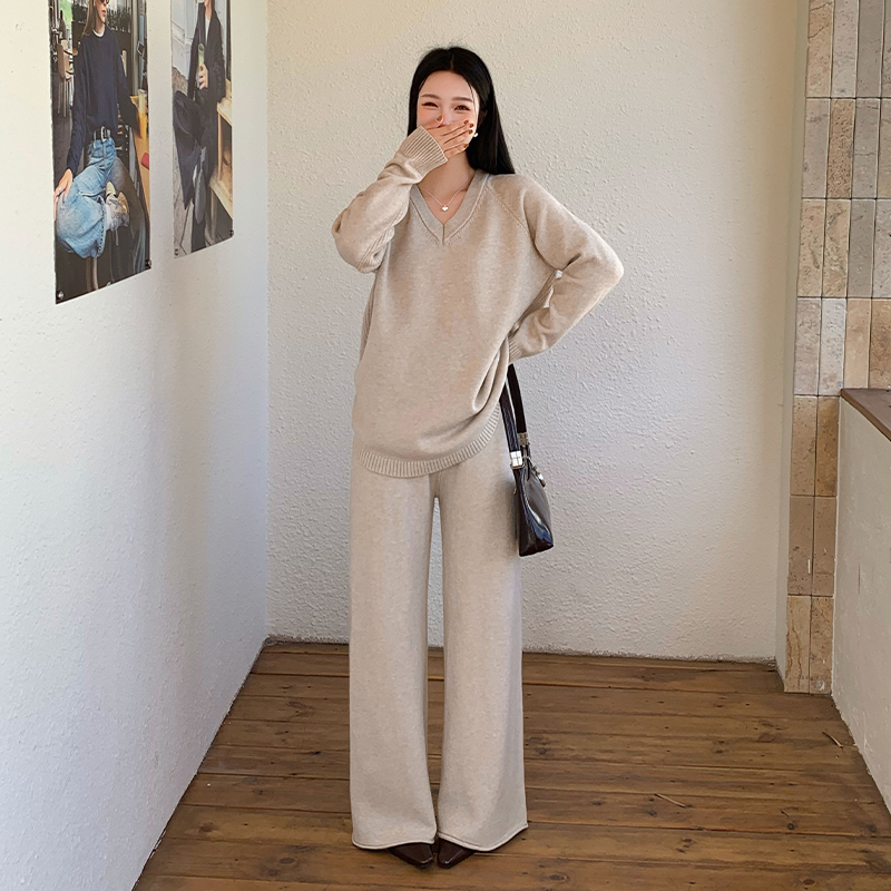 V-neck wide leg pants fashion sweater 2pcs set for women