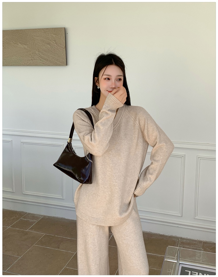 V-neck wide leg pants fashion sweater 2pcs set for women