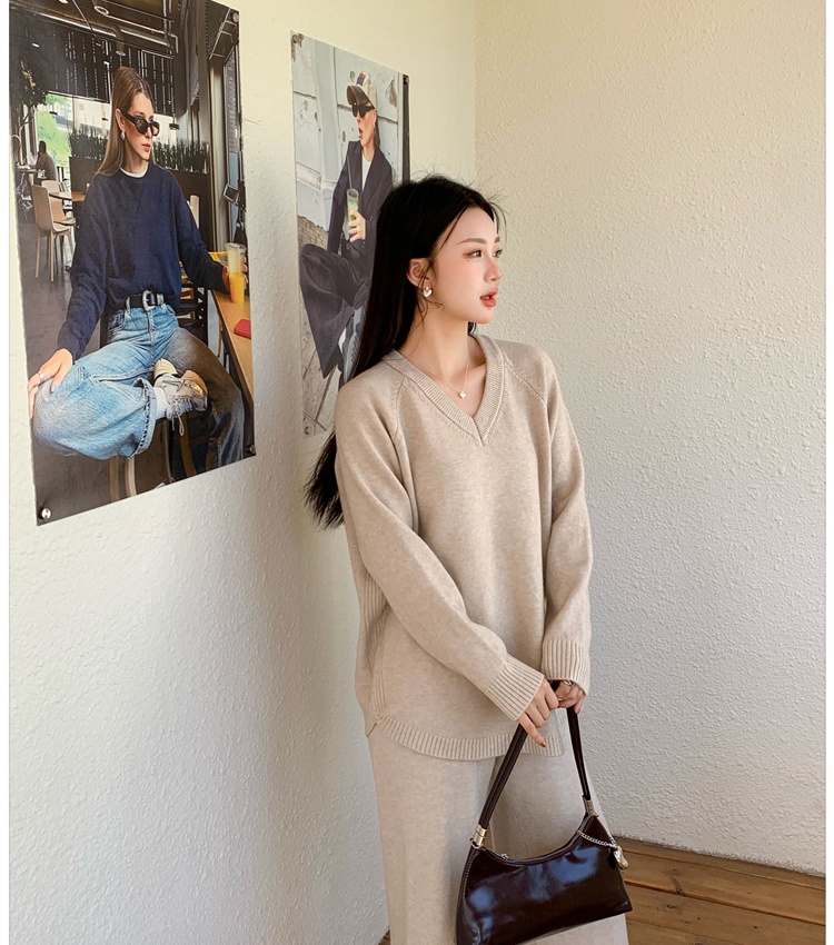 V-neck wide leg pants fashion sweater 2pcs set for women