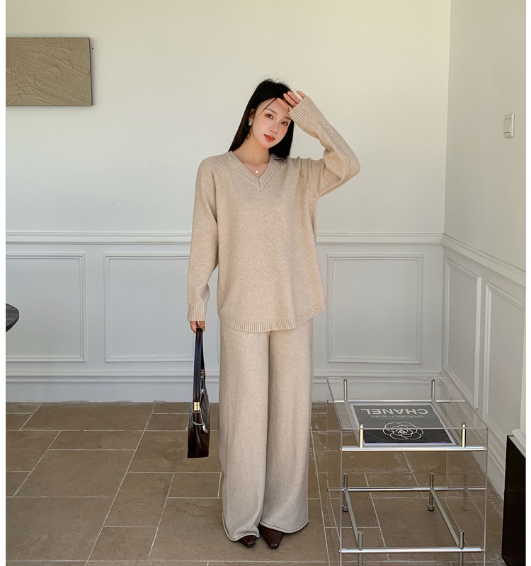 V-neck wide leg pants fashion sweater 2pcs set for women