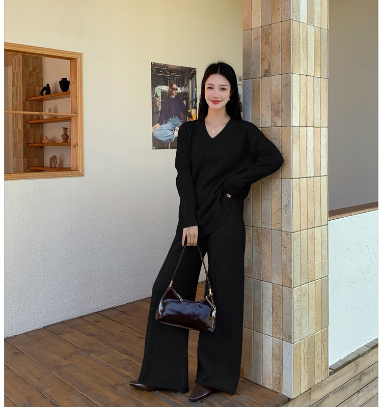 V-neck wide leg pants fashion sweater 2pcs set for women