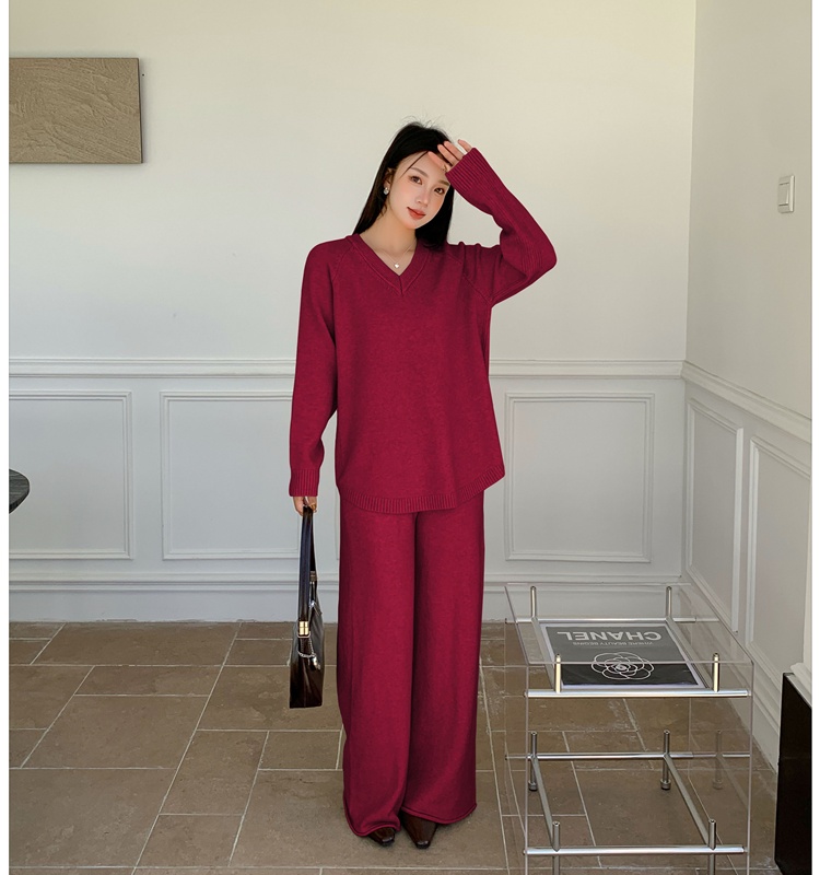 V-neck wide leg pants fashion sweater 2pcs set for women