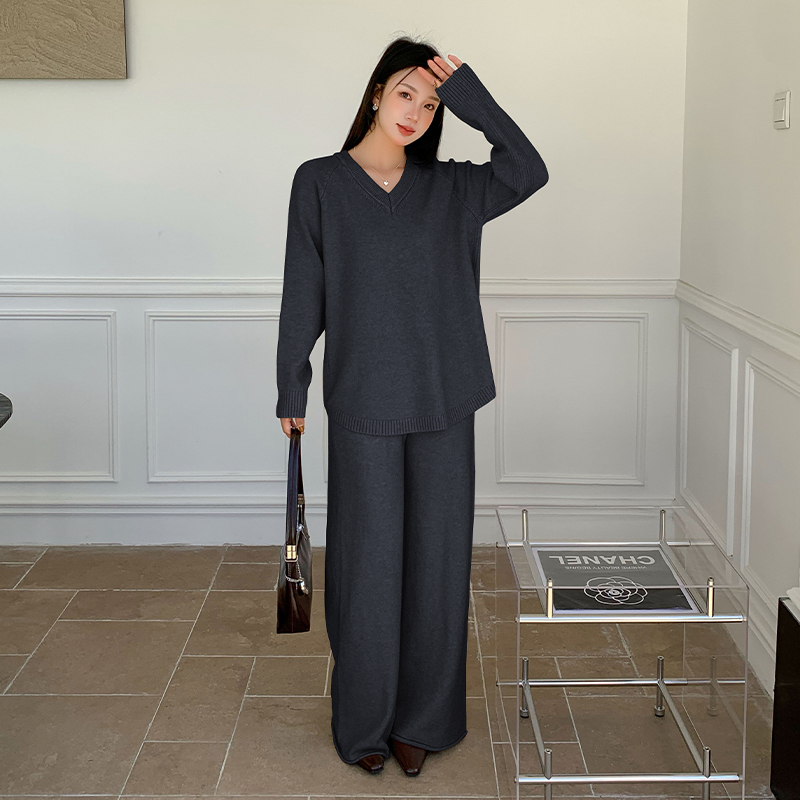 V-neck wide leg pants fashion sweater 2pcs set for women