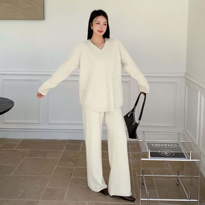 V-neck wide leg pants fashion sweater 2pcs set for women