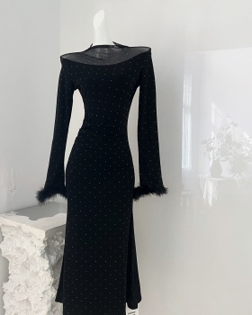 Gauze slim winter light luxury rhinestone long dress