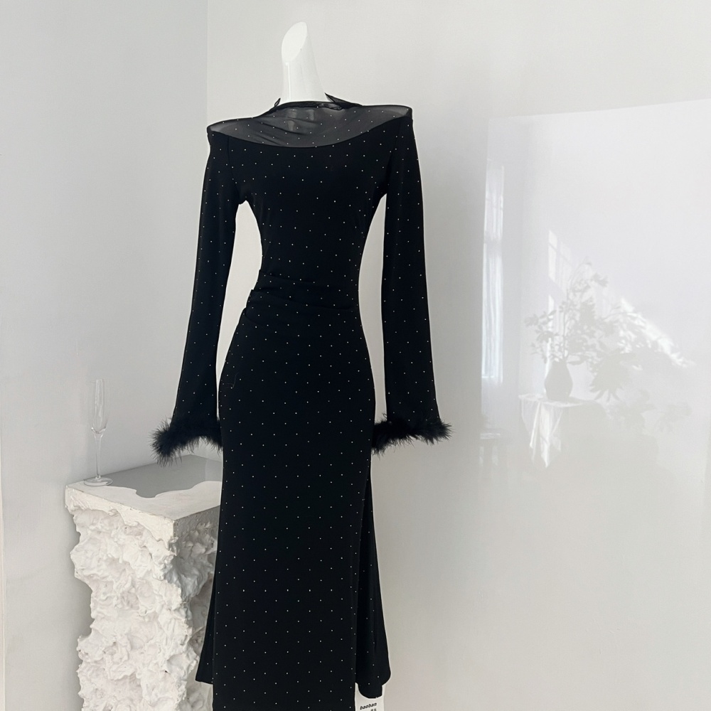 Gauze slim winter light luxury rhinestone long dress