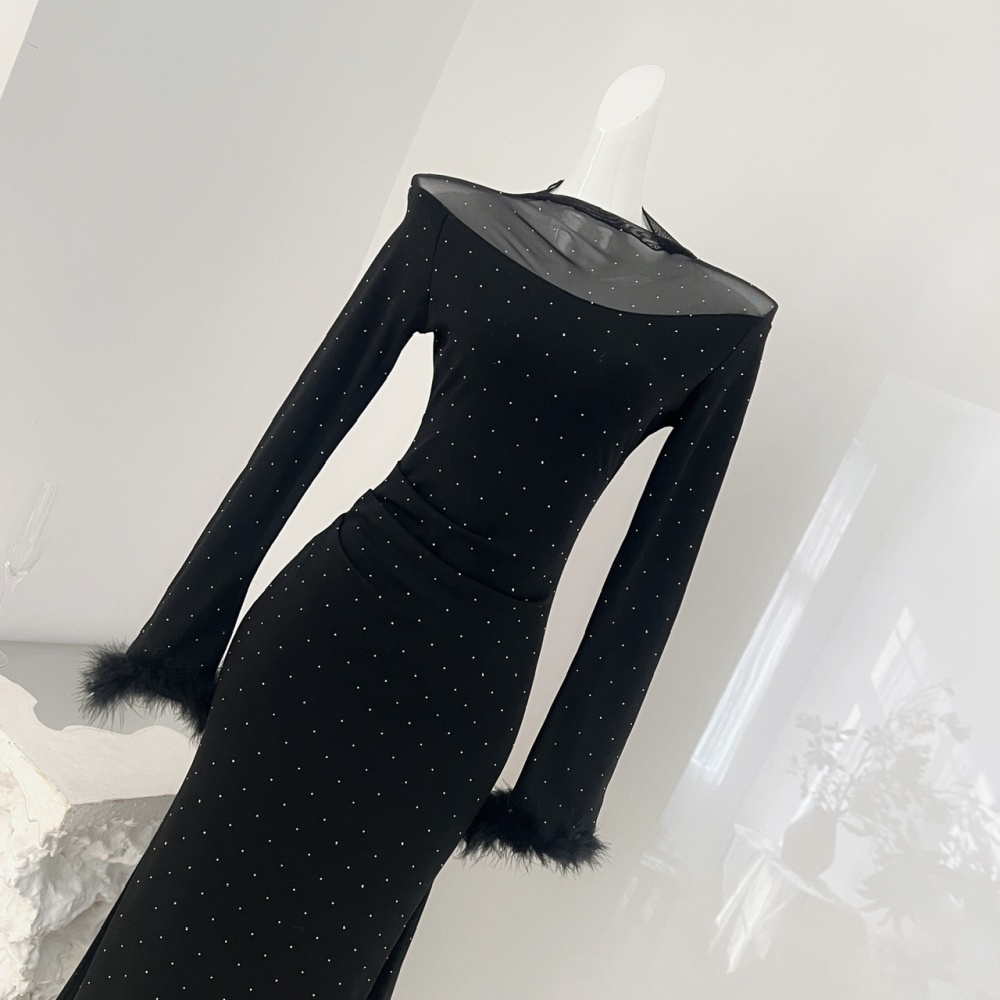 Gauze slim winter light luxury rhinestone long dress