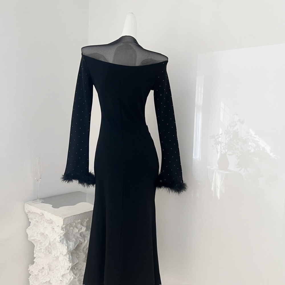 Gauze slim winter light luxury rhinestone long dress