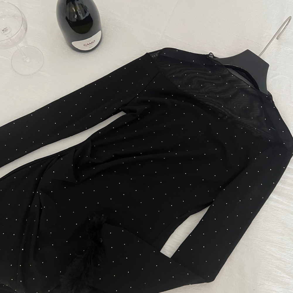 Gauze slim winter light luxury rhinestone long dress