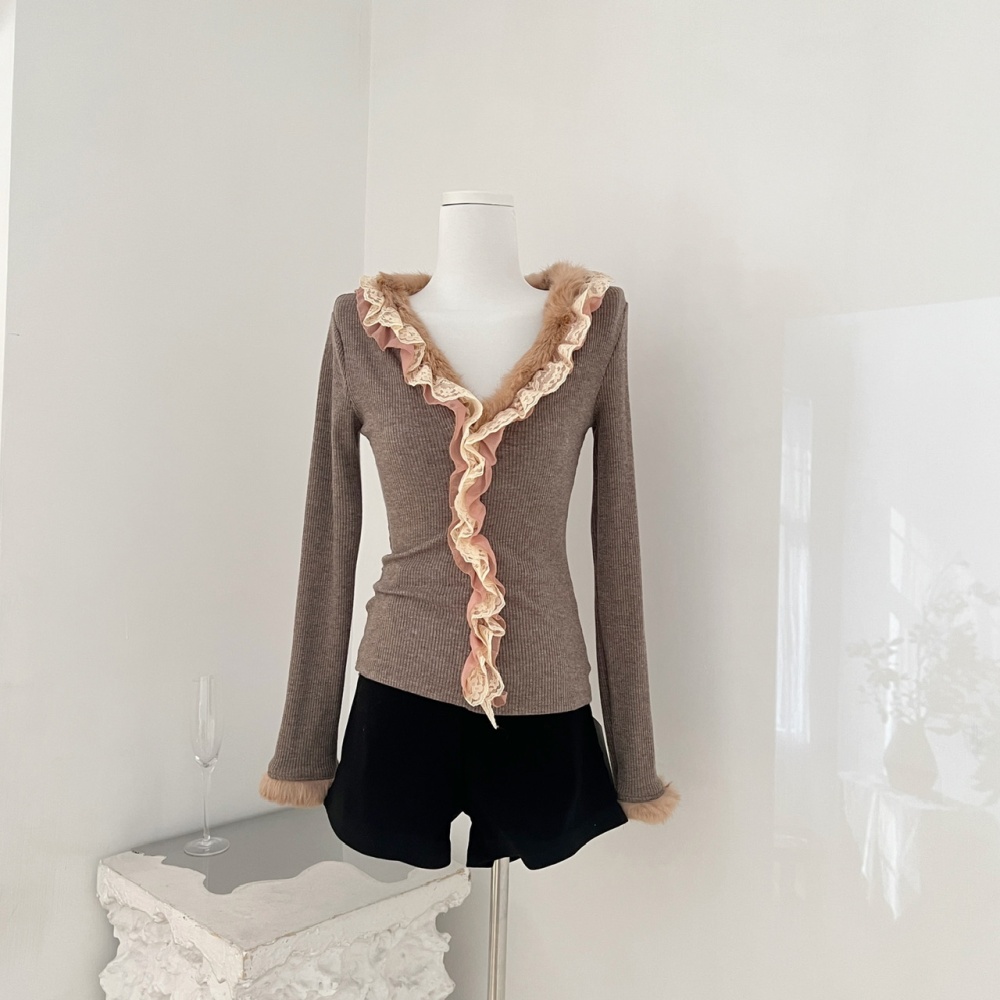 V-neck thermal bottoming shirt retro tops for women