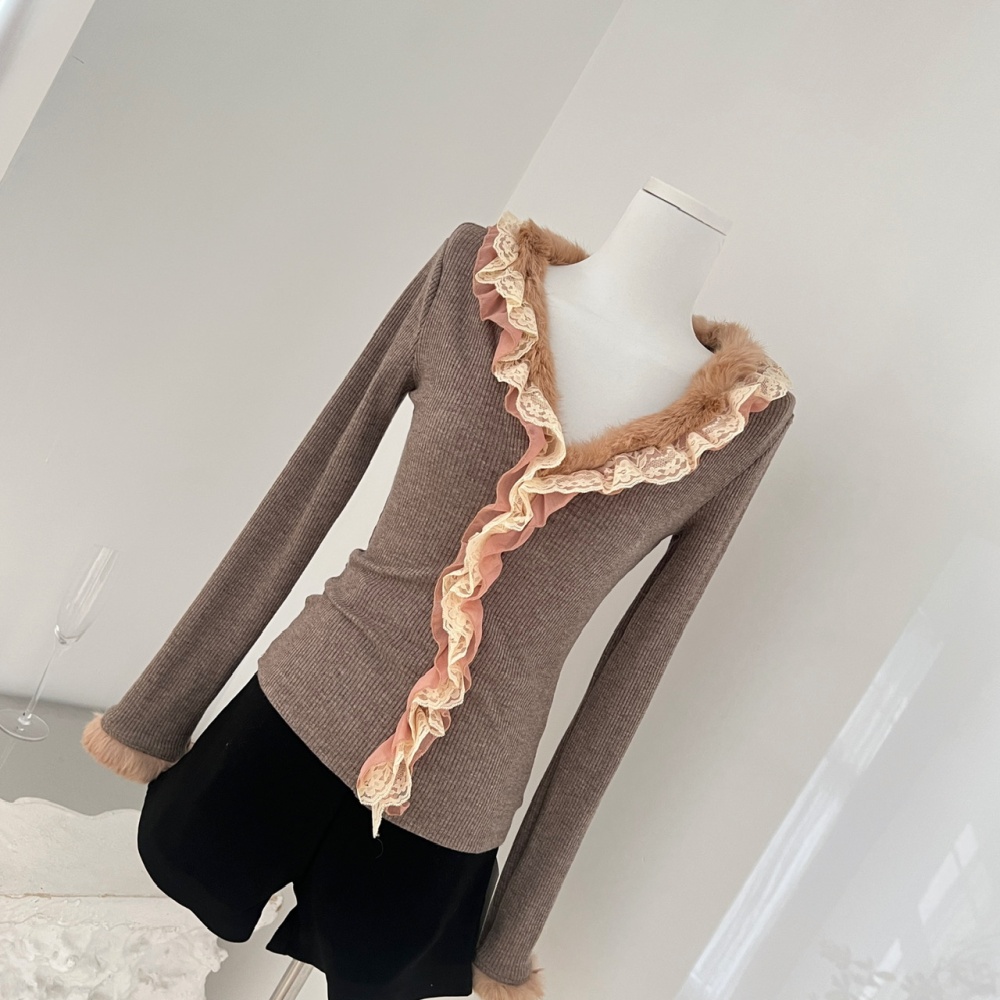 V-neck thermal bottoming shirt retro tops for women