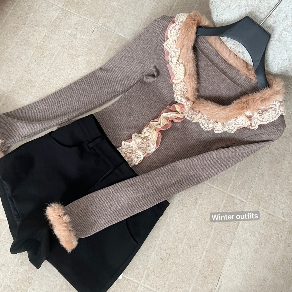 V-neck thermal bottoming shirt retro tops for women