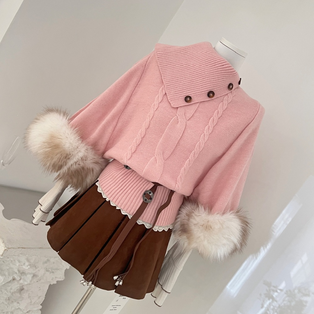 Pullover pink short skirt winter sweater 3pcs set