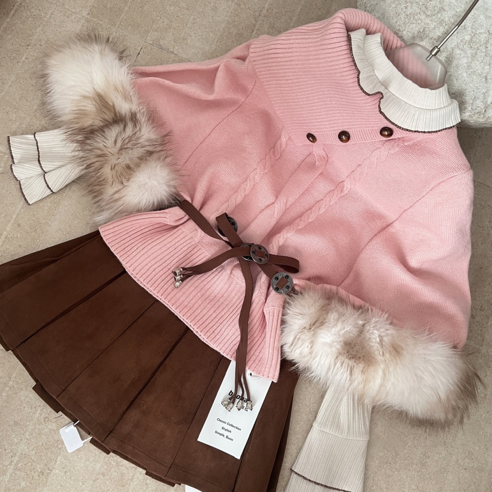 Pullover pink short skirt winter sweater 3pcs set