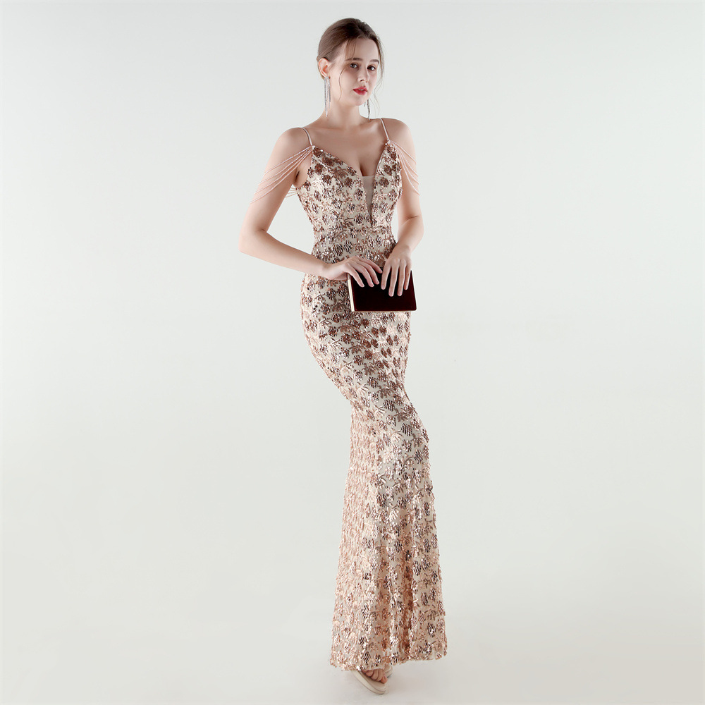 Banquet sequins sling slim evening dress