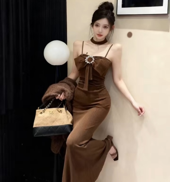 Sleeveless cashmere sexy package hip long inside the ride dress