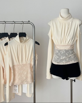 Long sleeve gauze bottoming tops lace apricot shirts