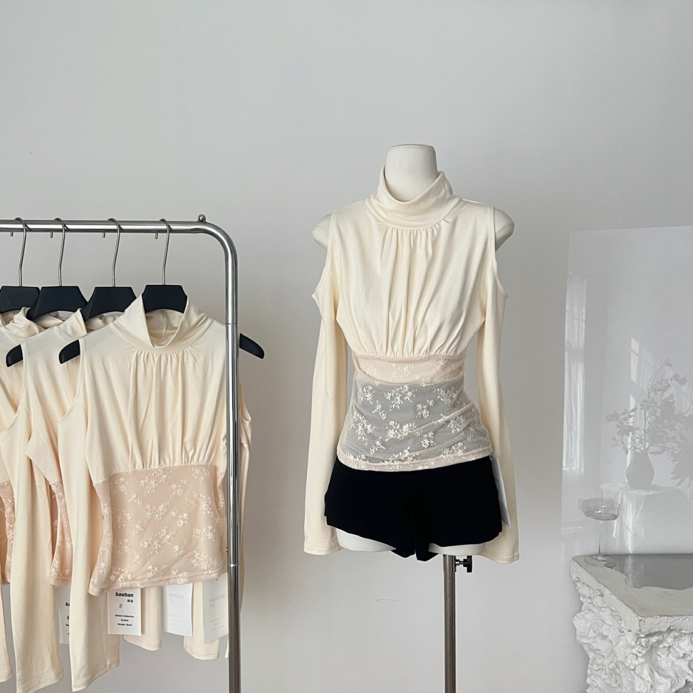 Long sleeve gauze bottoming tops lace apricot shirts