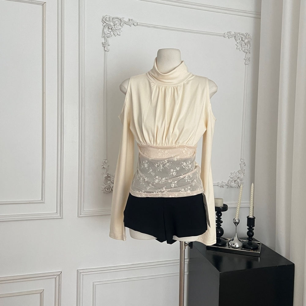 Long sleeve gauze bottoming tops lace apricot shirts