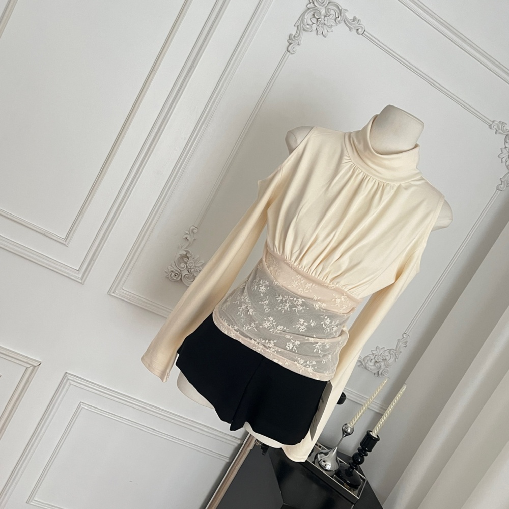 Long sleeve gauze bottoming tops lace apricot shirts