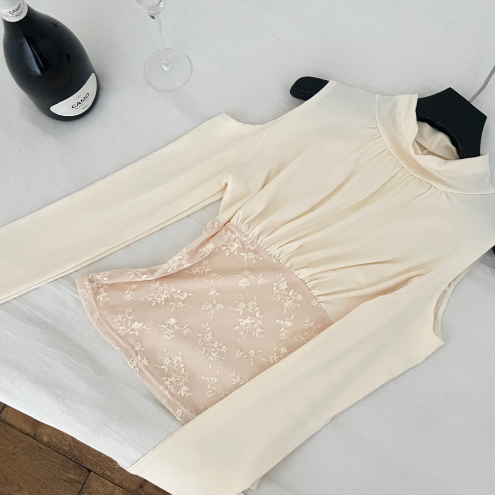 Long sleeve gauze bottoming tops lace apricot shirts