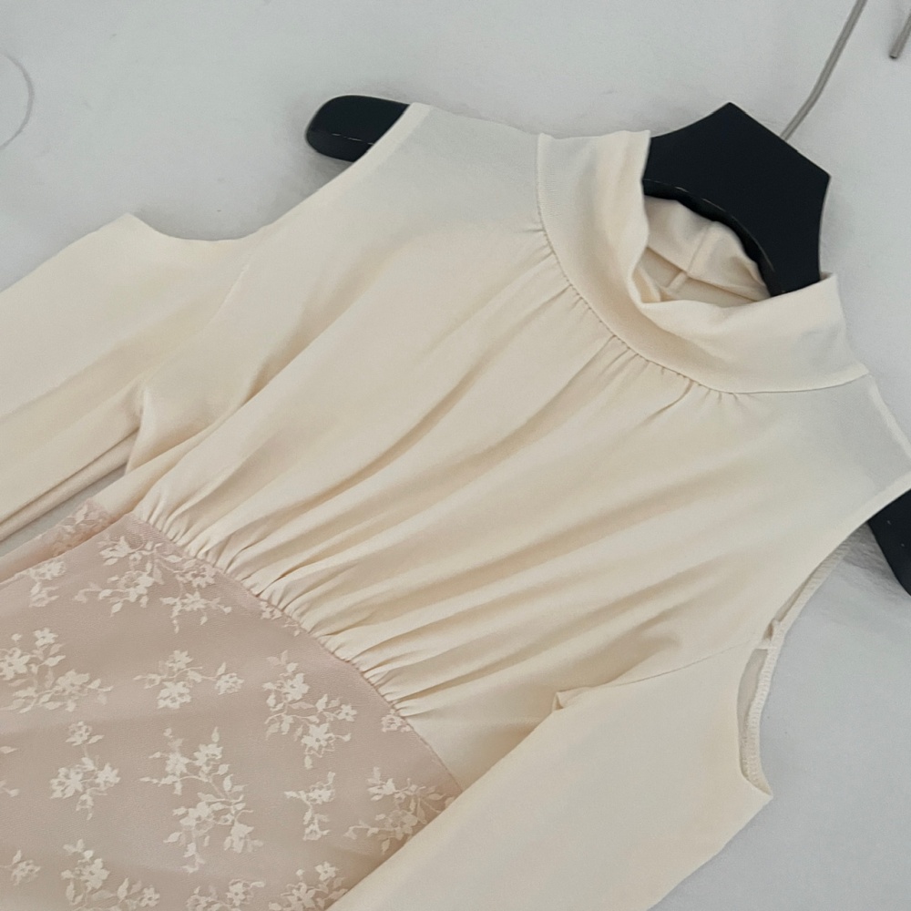 Long sleeve gauze bottoming tops lace apricot shirts