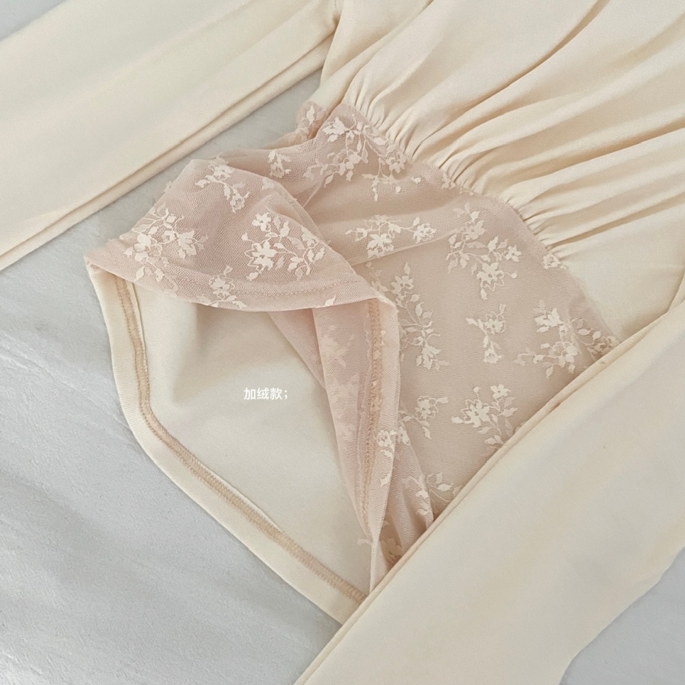 Long sleeve gauze bottoming tops lace apricot shirts