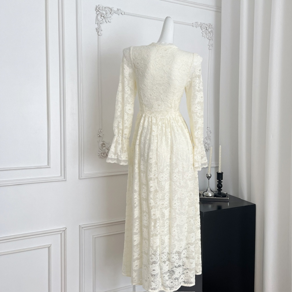 V-neck lace long long sleeve pinched waist dress