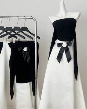 Flat shoulder fold tops gauze knitted skirt a set