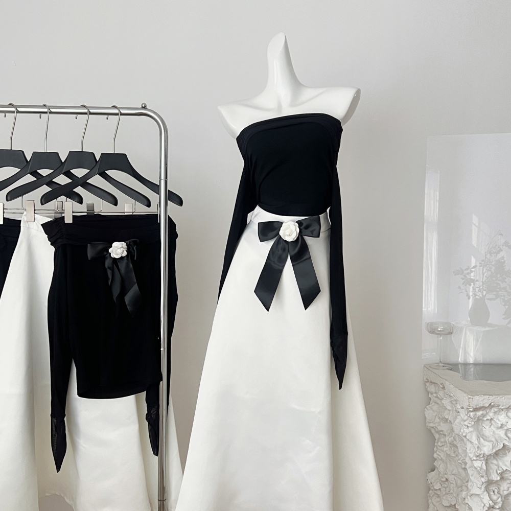 Flat shoulder fold tops gauze knitted skirt a set