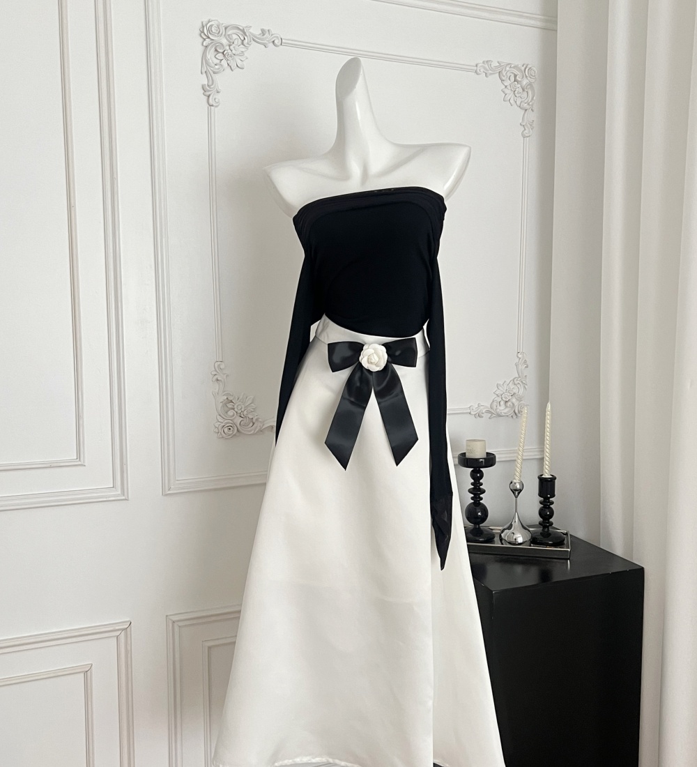 Flat shoulder fold tops gauze knitted skirt a set