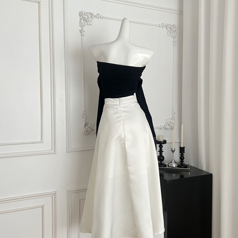 Flat shoulder fold tops gauze knitted skirt a set