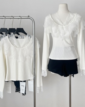 All-match V-neck bottoming knitted lace sweater for women