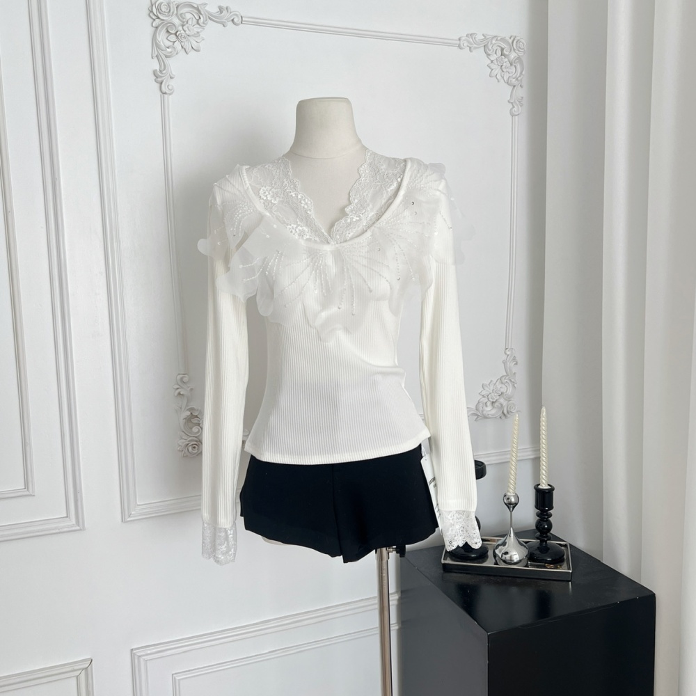 All-match V-neck bottoming knitted lace sweater for women