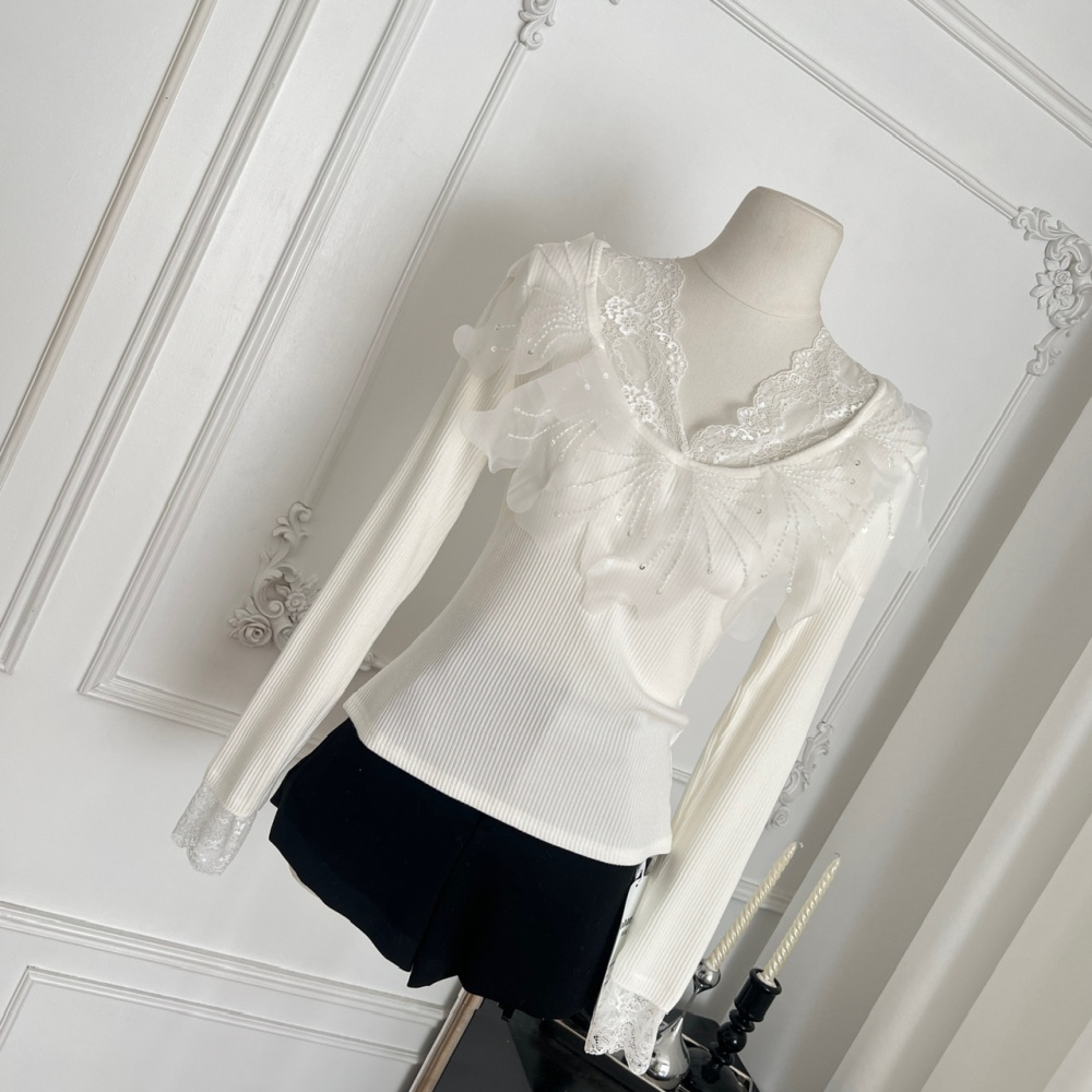 All-match V-neck bottoming knitted lace sweater for women