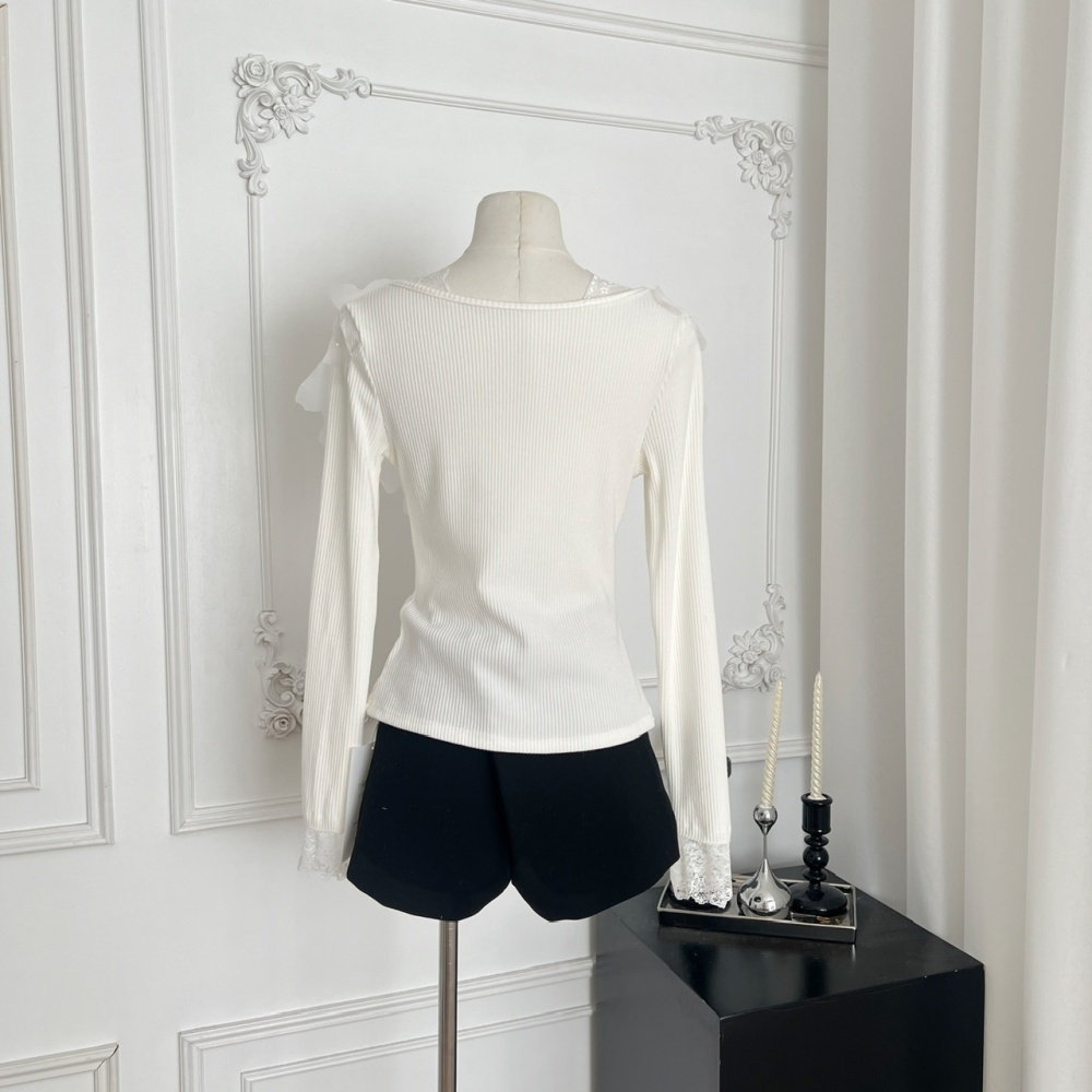 All-match V-neck bottoming knitted lace sweater for women