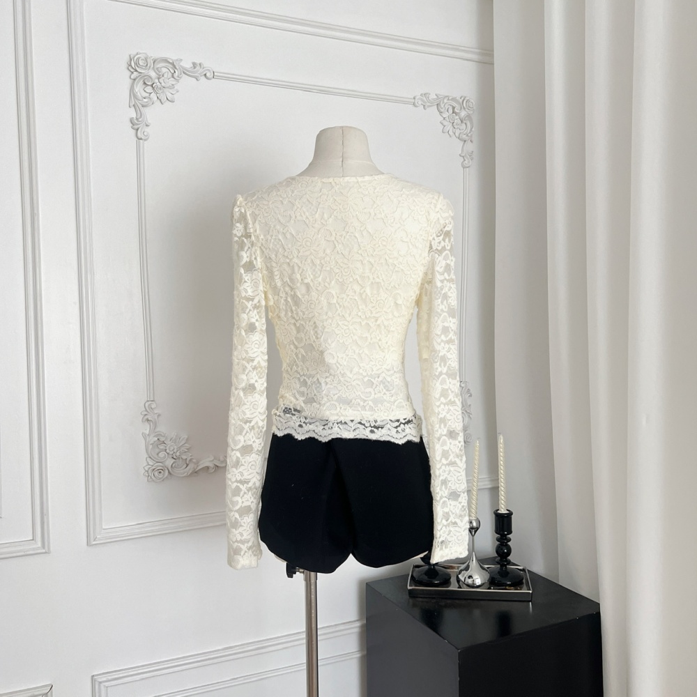 Gauze V-neck sueding lace bottoming tops