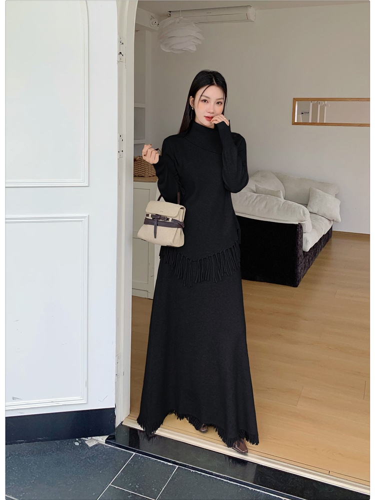 Tassels irregular sweater high waist tops a set for women