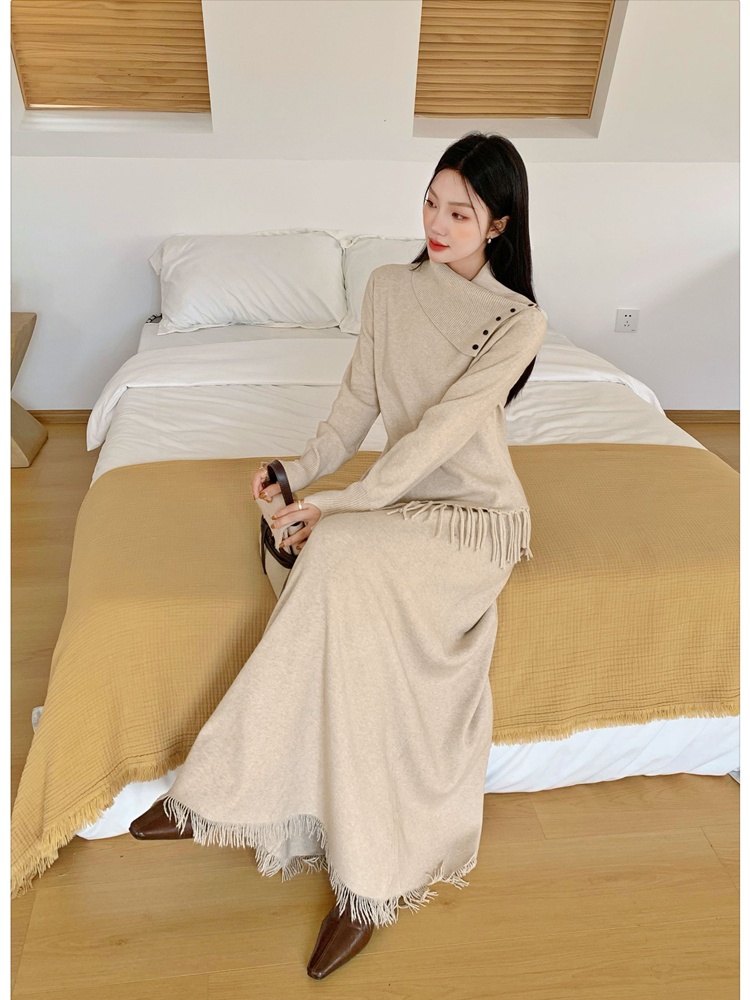 Tassels irregular sweater high waist tops a set for women