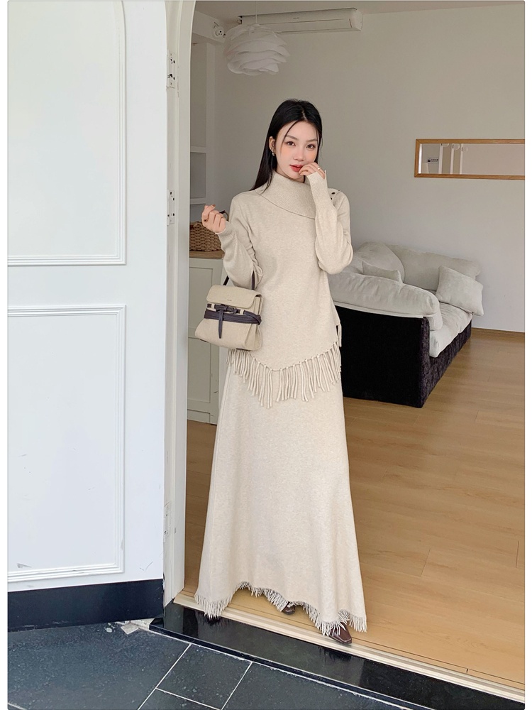 Tassels irregular sweater high waist tops a set for women