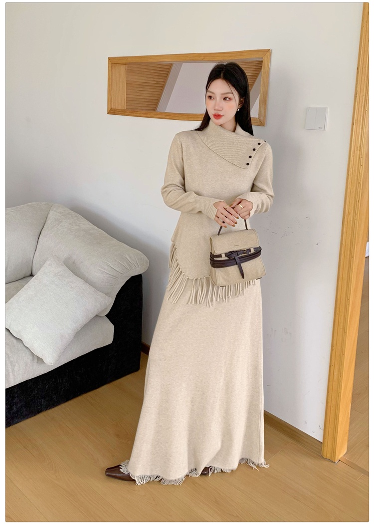 Tassels irregular sweater high waist tops a set for women