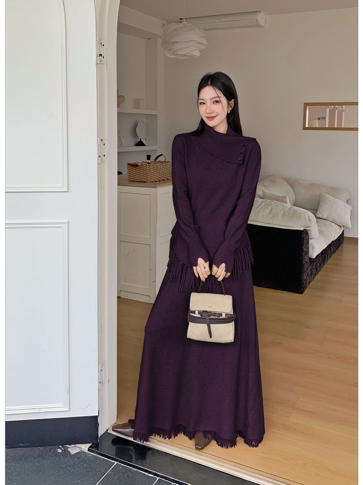 Tassels irregular sweater high waist tops a set for women