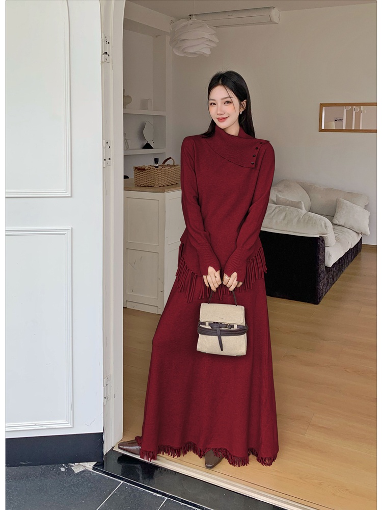 Tassels irregular sweater high waist tops a set for women