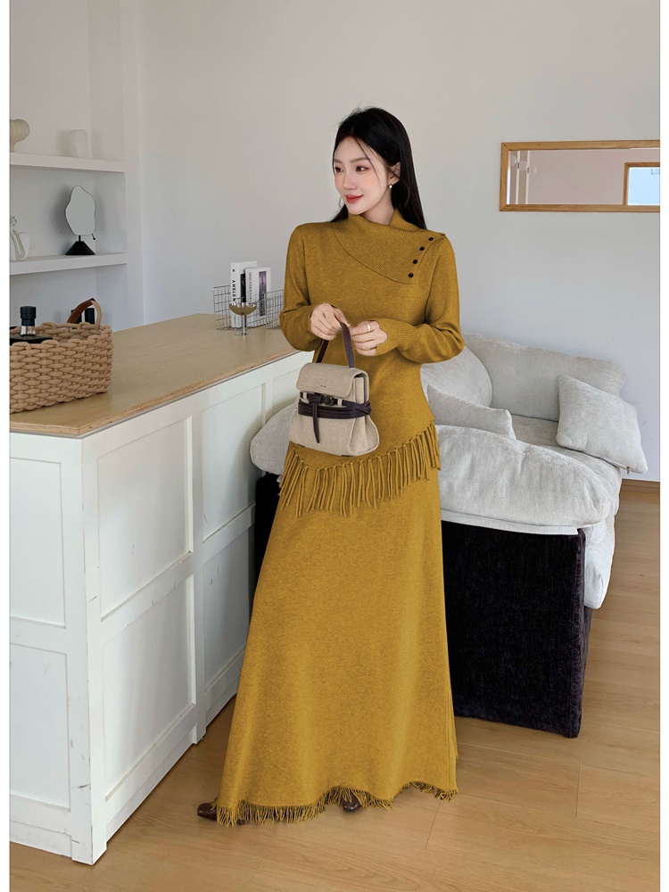 Tassels irregular sweater high waist tops a set for women